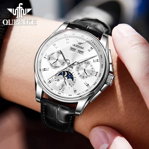 Oupinke Original Automatic Mechanical Watch For Men Leather Waterproof Luxury Brand Moon Phase Men S Wristwatches 3