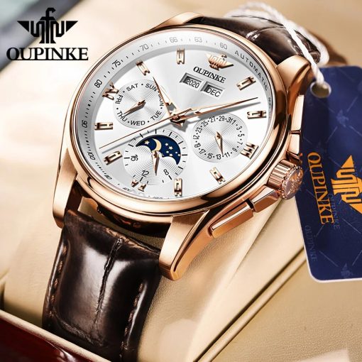 Oupinke Original Automatic Mechanical Watch For Men Leather Waterproof Luxury Brand Moon Phase Men S Wristwatches 4