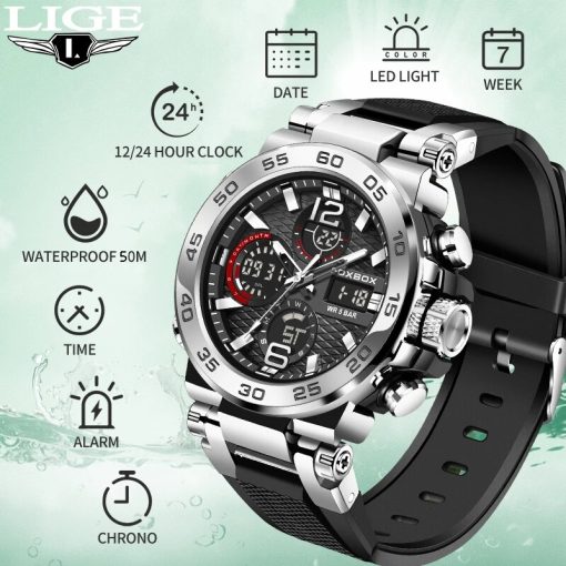 Original Brand Lige Luxury Watches For Men Quartz Fashion Digital Wrist Watch Silica Gel Military Sport 3