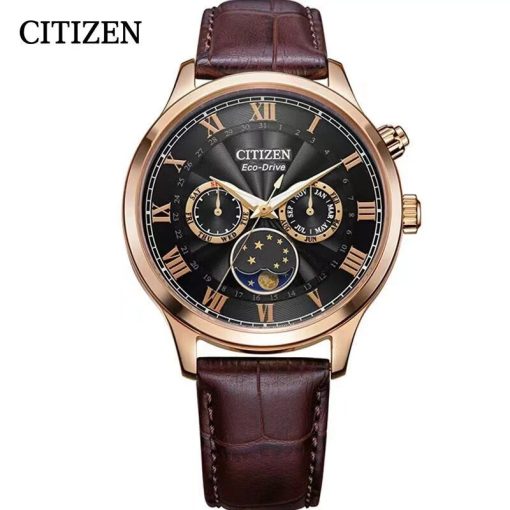 Original Citizen Watches For Men New Quartz Brown Leather Strap Date Calendar Moon Phase Waterproof Luminous 1