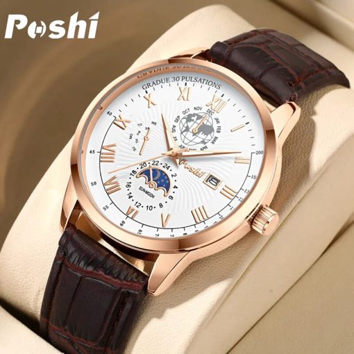 Poshi Top Brand Mens Watches Fashion Classic Quartz Wristwatch Luxury Calendar Week Display Man Watch Original 1