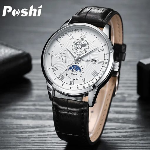 Poshi Top Brand Mens Watches Fashion Classic Quartz Wristwatch Luxury Calendar Week Display Man Watch Original 4