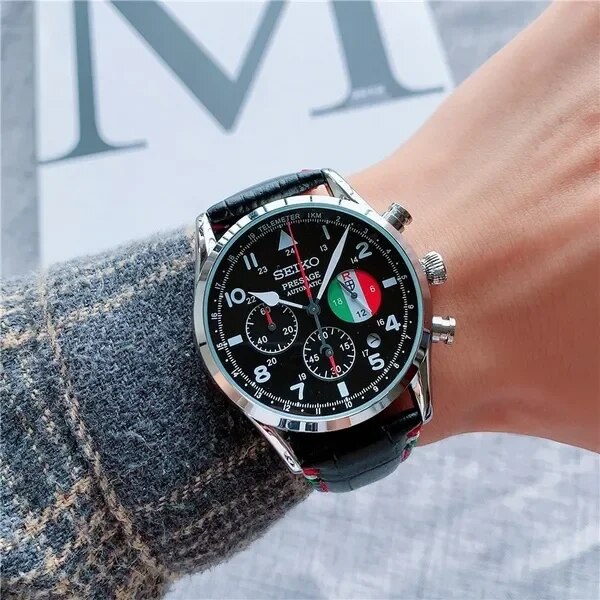 SEIKO-Men-s-Casual-Quartz-Watch-Leather-Strap-Black-and-White-Dial-Automatic-Date-Multifunction-Timer-3