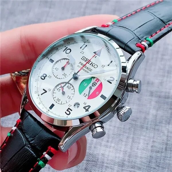 SEIKO-Men-s-Casual-Quartz-Watch-Leather-Strap-Black-and-White-Dial-Automatic-Date-Multifunction-Timer-4