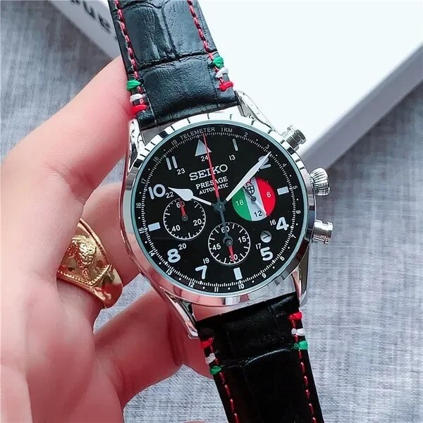 SEIKO-Men-s-Casual-Quartz-Watch-Leather-Strap-Black-and-White-Dial-Automatic-Date-Multifunction-Timer-5