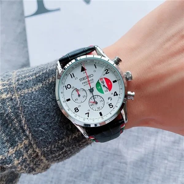 SEIKO-Men-s-Casual-Quartz-Watch-Leather-Strap-Black-and-White-Dial-Automatic-Date-Multifunction-Timer-6
