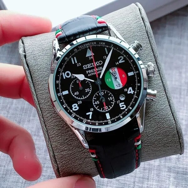 SEIKO-Men-s-Casual-Quartz-Watch-Leather-Strap-Black-and-White-Dial-Automatic-Date-Multifunction-Timer
