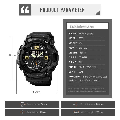 Skmei Multifunctional Chrono Digital Watches Mens Dual Movement 3 Time Sport Wristwatch Waterproof Electronic Clock Reloj 5