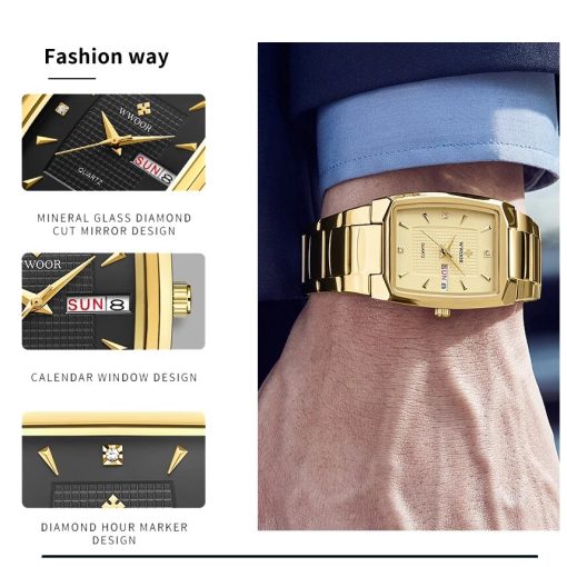 Wwoor 2023 New Square Watch Men With Automatic Week Date Luxury Stainless Steel Gold Mens Quartz 2