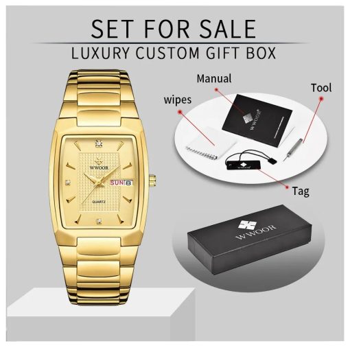 Wwoor 2023 New Square Watch Men With Automatic Week Date Luxury Stainless Steel Gold Mens Quartz 4