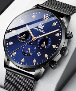 2022 Hot Shaarms Fashion Men S Wristwatch Blue Dialcasual Quartz Watch Stainless Steel Mesh Band Watch 1