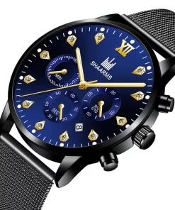 2022 Hot Shaarms Fashion Men S Wristwatch Blue Dialcasual Quartz Watch Stainless Steel Mesh Band Watch
